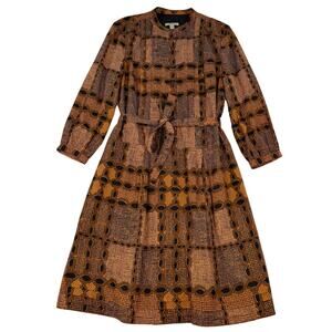 Burberry Brit Cotton Silk Shirt Dress Belted Brown Orange Geometric Print US10
